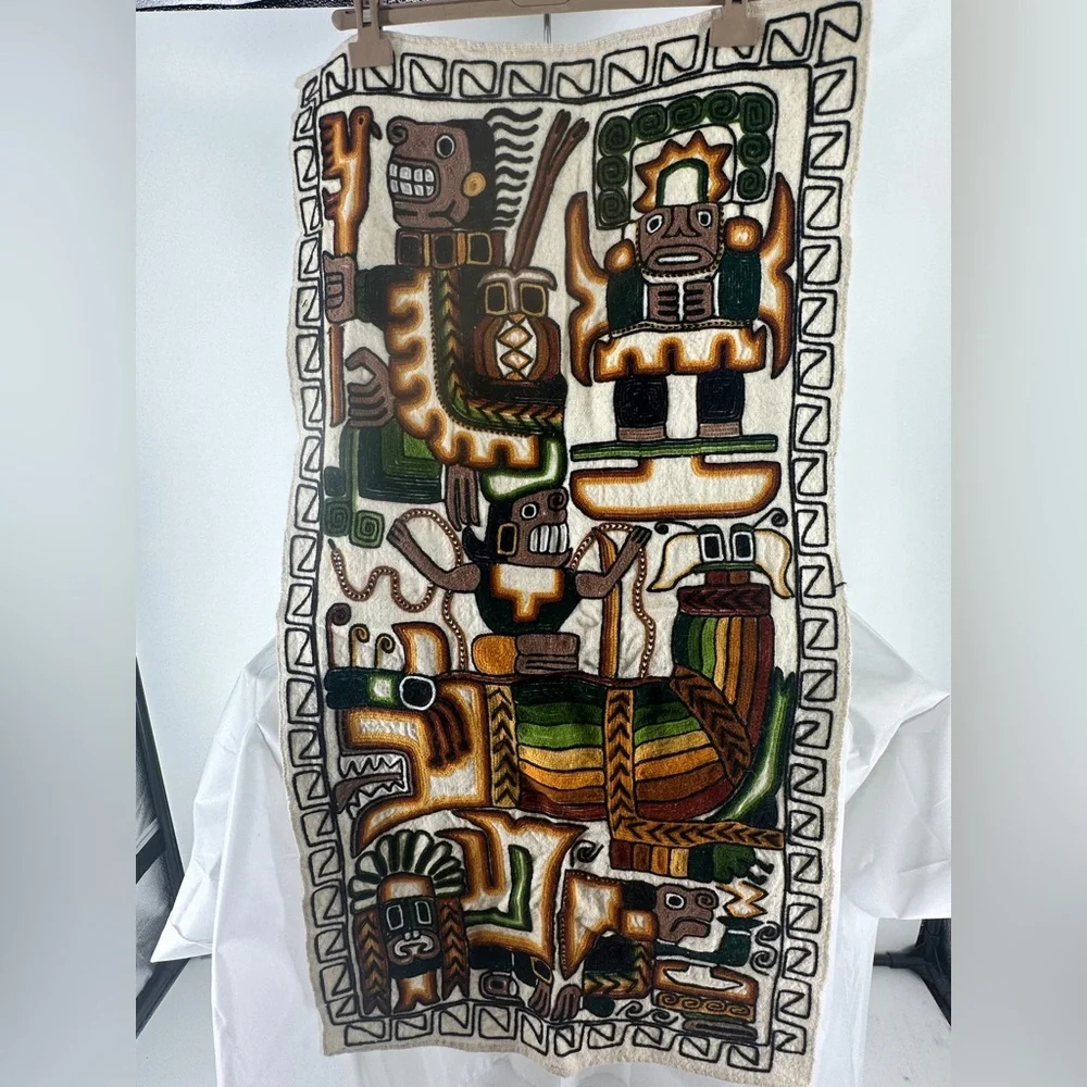 Vintage Embroidered Aztec Mayan Inca Wall Hang Folk Art Hand Woven Tapestry